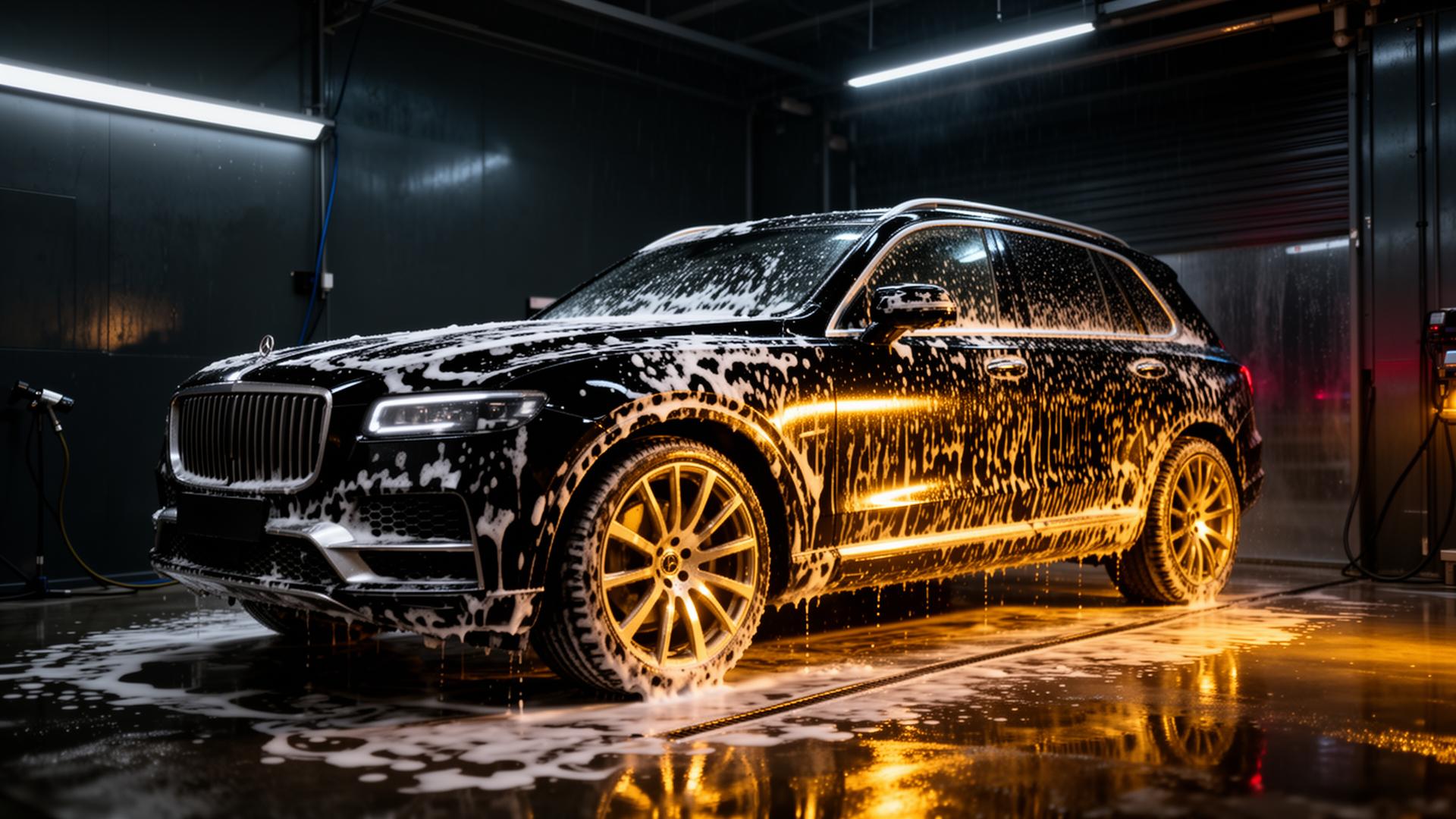 Lavadero premium detalhando SUV preta com luz dourada
